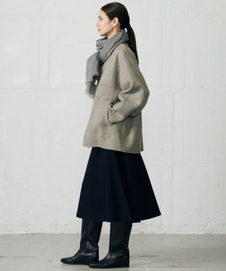 自由区 L 【17号サイズまで展開・カタログ掲載】ウールリバーチェック柄ノーカラー コート モカチェック