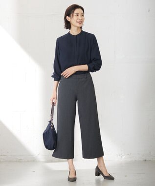 J.PRESS LADIES 【洗える】ヌーディスバックサテン バンドカラー ブラウス ネイビー系