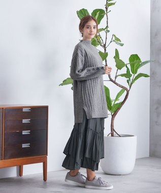 Tiaclasse L 【洗える】袖ボタンメランジニットチュニック グレー