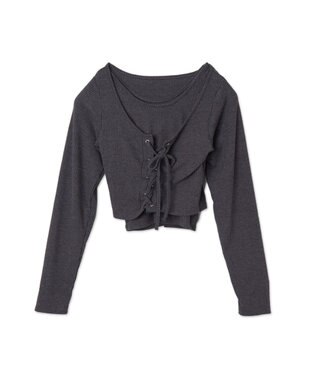 WEGO レイヤードレースアップ長袖トップス ダークグレー