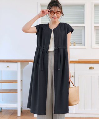 Tiaclasse 【洗える】麻調前開きフレンチワンピース ネイビー