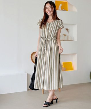 Tiaclasse 【洗える】麻調前開きフレンチワンピース カーキストライプ