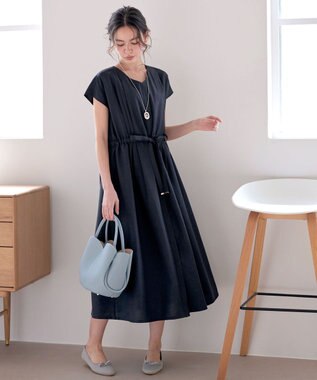 Tiaclasse 【洗える】麻調前開きフレンチワンピース ネイビー