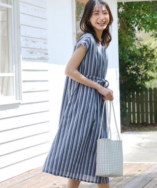 Tiaclasse 【洗える】麻調前開きフレンチワンピース ネイビーストライプ