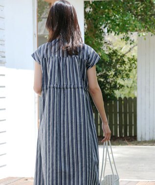 Tiaclasse 【洗える】麻調前開きフレンチワンピース ネイビーストライプ