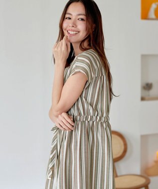 Tiaclasse 【洗える】麻調前開きフレンチワンピース カーキストライプ