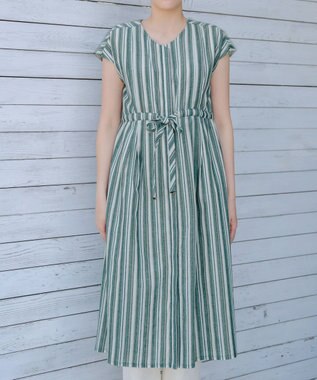 Tiaclasse 【洗える】麻調前開きフレンチワンピース グリーンストライプ