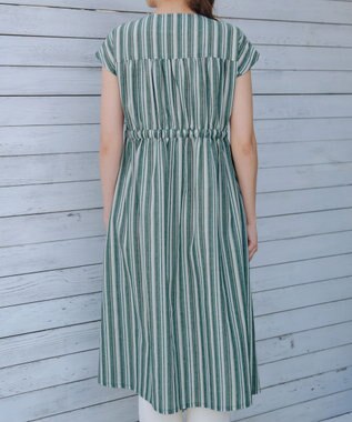 Tiaclasse 【洗える】麻調前開きフレンチワンピース グリーンストライプ