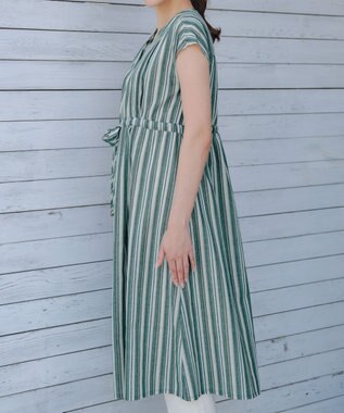 Tiaclasse 【洗える】麻調前開きフレンチワンピース グリーンストライプ