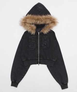 WEGO ファーフードショートZIPパーカー スミクロ