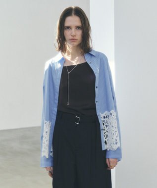 YECCA VECCA レースヘムロングシャツ Stripe