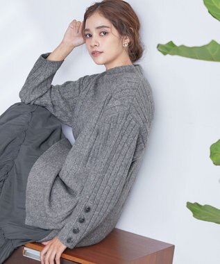 Tiaclasse L 【洗える】袖ボタンメランジニットチュニック グレー