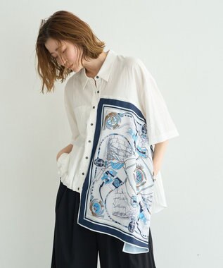 YECCA VECCA スカーフデザインアシメハーフスリーブシャツ