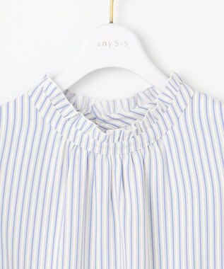 ANY SIS 【洗える】フリルネックスタンド ブラウス ブルーストライプ