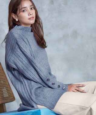 Tiaclasse L 【洗える】袖ボタンメランジニットチュニック ブルー