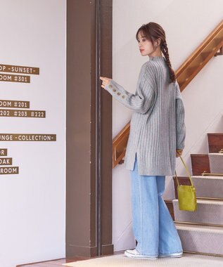 Tiaclasse L 【洗える】袖ボタンメランジニットチュニック ミント