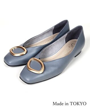 Dominic3 デザインバックル ローヒール レザーパンプス ブルーグレー
