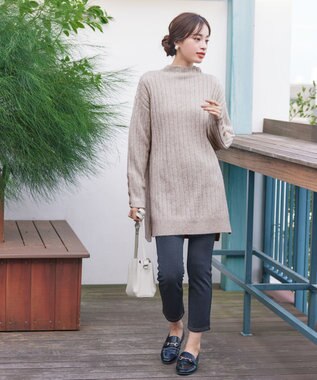 Tiaclasse L 【洗える】袖ボタンメランジニットチュニック グレージュ