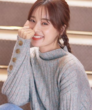 Tiaclasse L 【洗える】袖ボタンメランジニットチュニック ミント