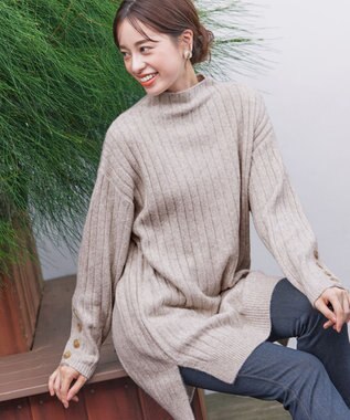 Tiaclasse L 【洗える】袖ボタンメランジニットチュニック グレージュ