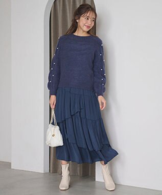 Feroux 【洗える】ランダムティアードスカート ネイビー系