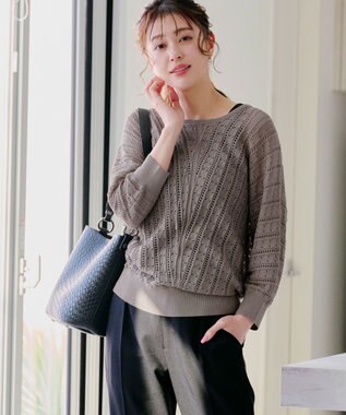 Tiaclasse 【洗える】透かし編みドルマンニットトップス モカ