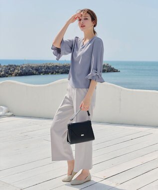 Tiaclasse 【洗える】リボンフレアスリーブブラウス ブルー