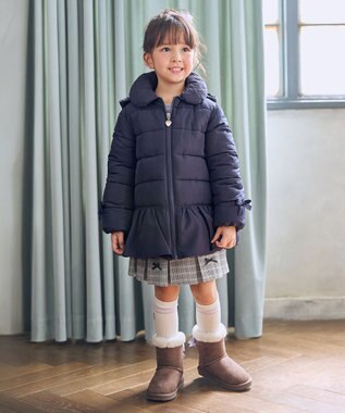 ANY KIDS 【フード取り外し/洗濯機可能】中綿フリル リボンコート ネイビー