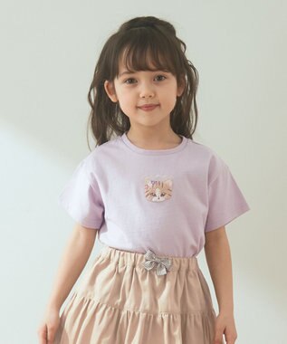 ANY KIDS オーガビッツアニマルサガラ刺繍Ｔシャツ ラベンダー×ネコ
