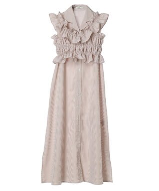 earth music&ecology ＳＥＴ２点シャーリングビスチェ×シャツワンピース Stripe Beige