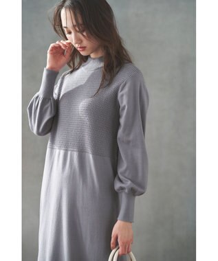 ANY SIS 【洗える】バスケット編み切替えニット ワンピース ブルーグレー