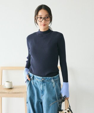 CRAFT STANDARD BOUTIQUE 洗える/とてもち配色モックネックリブニットプルオーバー/24AW Navy