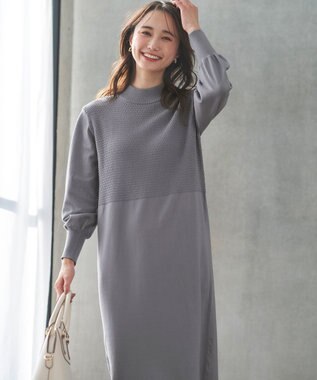 ANY SIS 【洗える】バスケット編み切替えニット ワンピース ブルーグレー