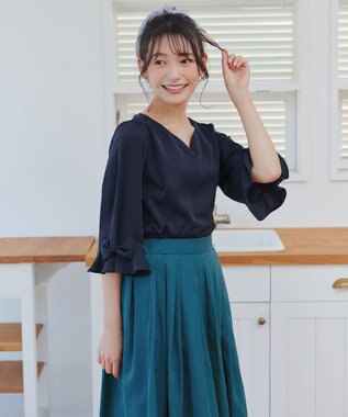 Tiaclasse 【洗える】リボンフレアスリーブブラウス ネイビー