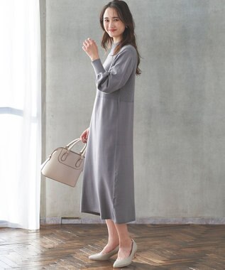 ANY SIS 【洗える】バスケット編み切替えニット ワンピース ブルーグレー