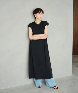 #Newans 【乾燥機可能/接触冷感】ヨークギャザーロングワンピース ブラック