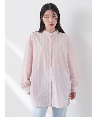 earth music&ecology バンドカラーストライプシャツ Salmon Pink