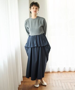 #Newans 【撥水/マシンウォッシャブル】クリオネシルエットコンビドレス グレー×ネイビー