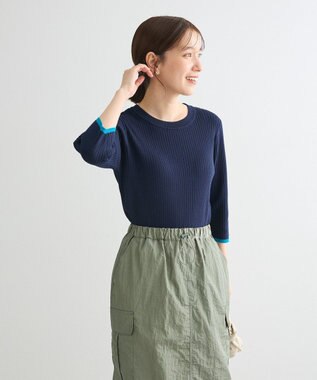 Green Parks ＢＰ　袖口カラーリブ７分袖ニットプルオーバー Dark Navy