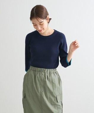 Green Parks ＢＰ　袖口カラーリブ７分袖ニットプルオーバー Dark Navy