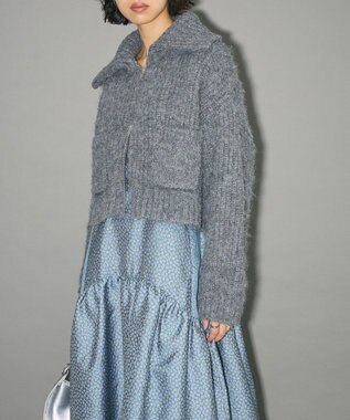 Green Parks フロントジップビックカラーニットブルゾン Gray