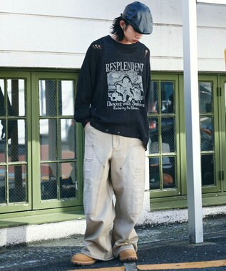 WEGO グラフィックダメージニットプルオーバー ダークグレー