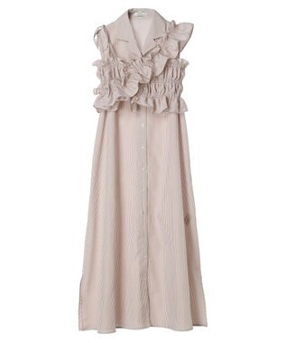 earth music&ecology ＳＥＴ２点シャーリングビスチェ×シャツワンピース Stripe Beige