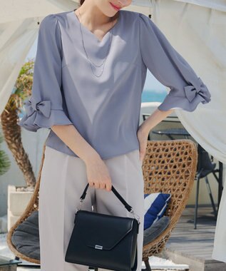 Tiaclasse 【洗える】リボンフレアスリーブブラウス ブルー