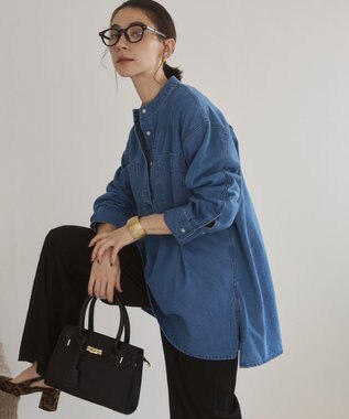 WEGO 【ANGIE VINTAGE】襟が選べる デニム チュニック シャツ （バンドカラー/レギュラーカラー） ブルー