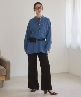 WEGO 【ANGIE VINTAGE】襟が選べる デニム チュニック シャツ （バンドカラー/レギュラーカラー） ブルー