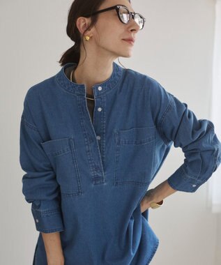 WEGO 【ANGIE VINTAGE】襟が選べる デニム チュニック シャツ （バンドカラー/レギュラーカラー） ブルー