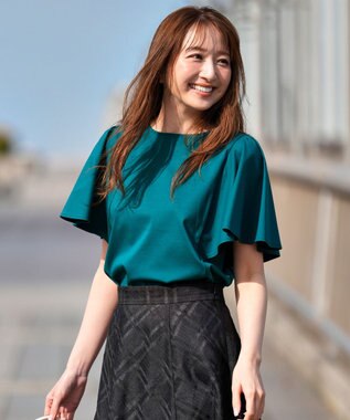 ANY SIS 【シルクタッチさら魅せTシャツ】袖フレア プルオーバー ダークグリーン