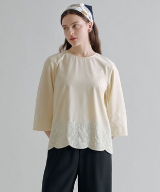  【一枚で着映え】ストライプ×エンブロイダリー クルーネック ブラウス