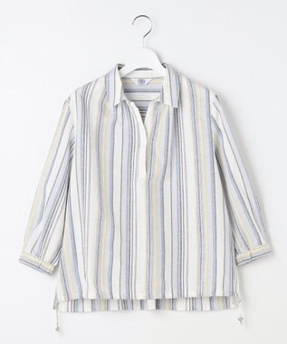 J.PRESS LADIES リネンMIX ストライプ スッキパー ブラウス ブルーマルチ系